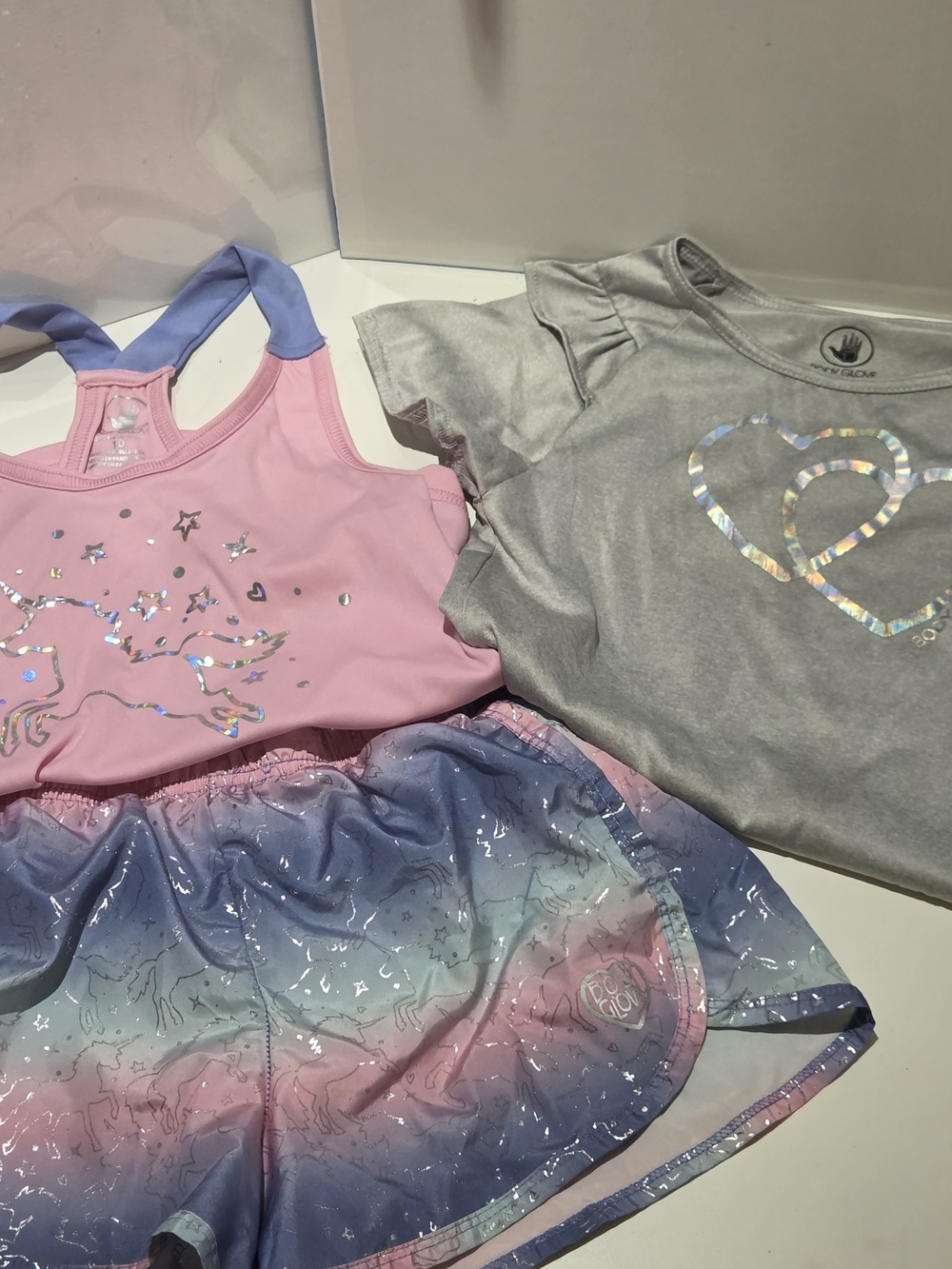 Body Glove Girls 3 Piece Set Size 10 Athletic Shorts Tank Top & T-shirt Unicorn